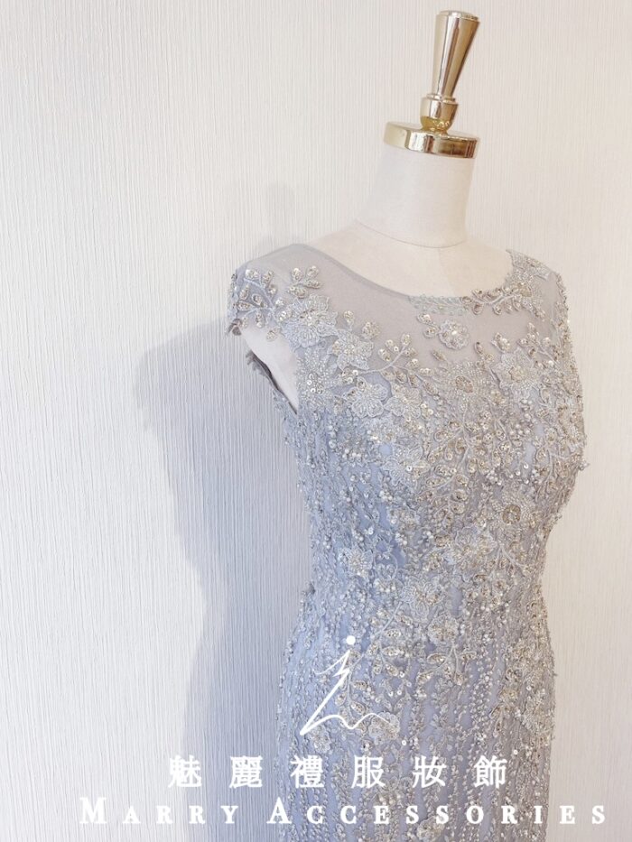 銀色刺繡蕾絲亮片修身晚宴媽媽禮服