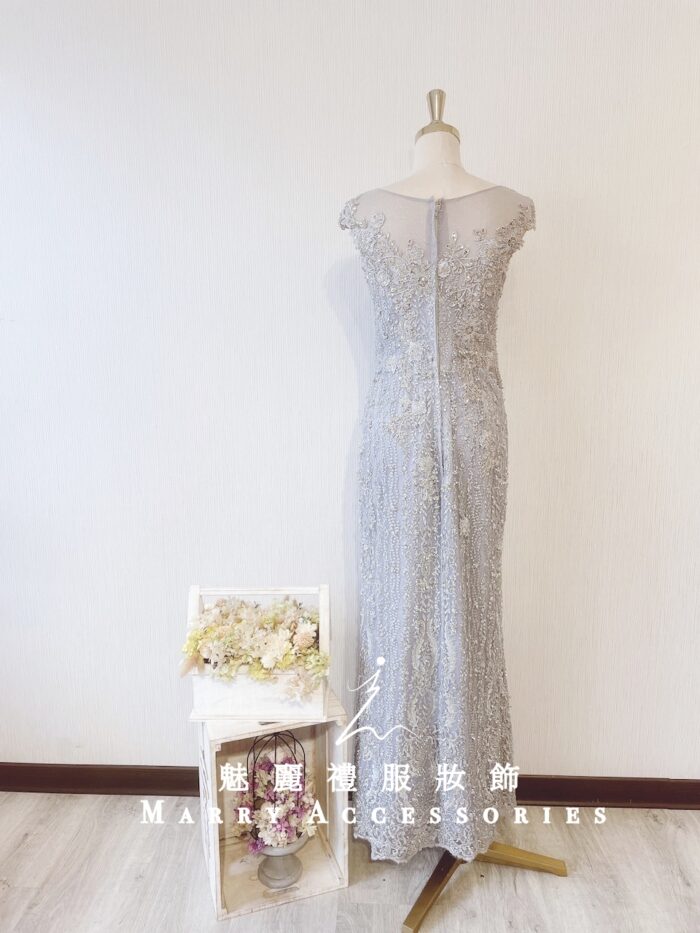 銀色刺繡蕾絲亮片修身晚宴媽媽禮服