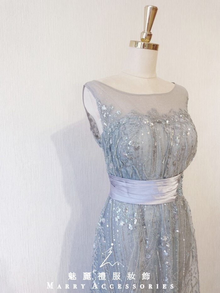 銀色亮片緞料封腰式晚宴媽媽禮服