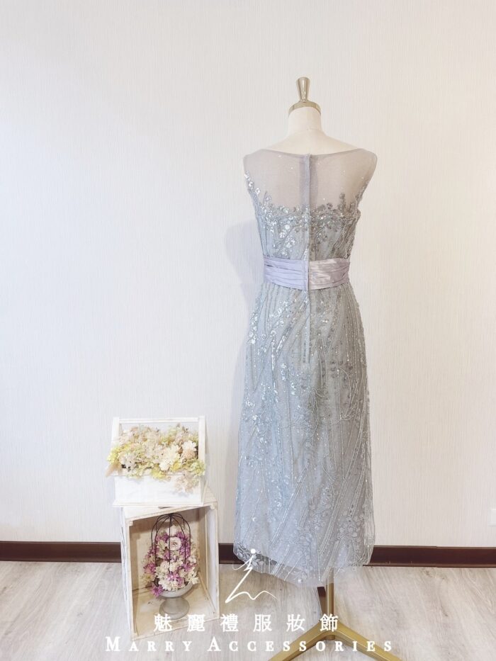 銀色亮片緞料封腰式晚宴媽媽禮服