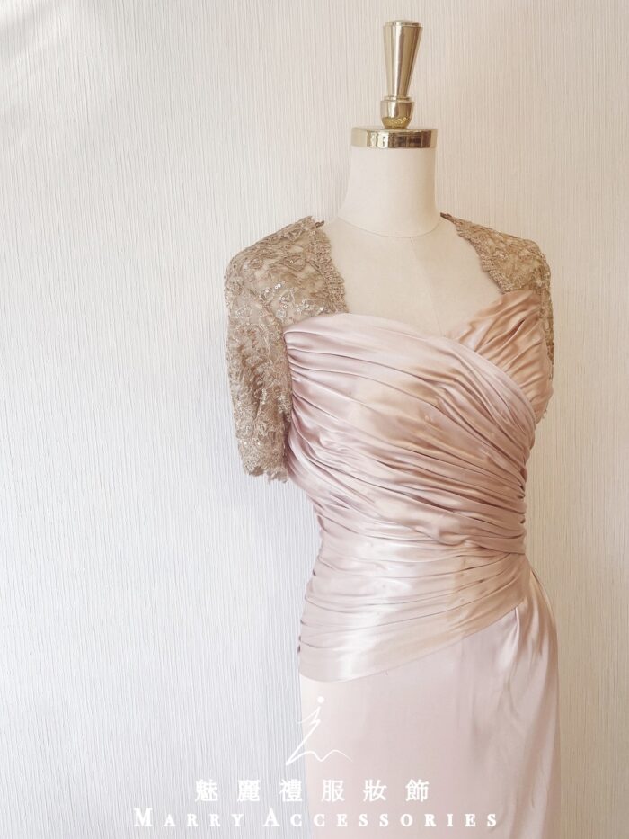 粉膚色緞料包肩袖晚宴媽媽禮服