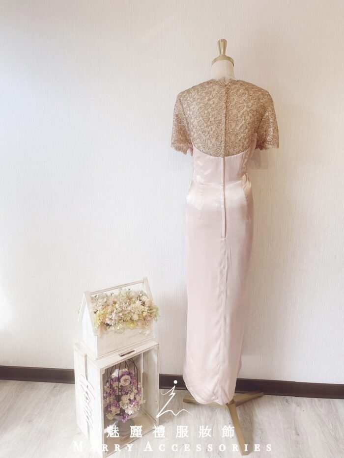 粉膚色緞料包肩袖晚宴媽媽禮服