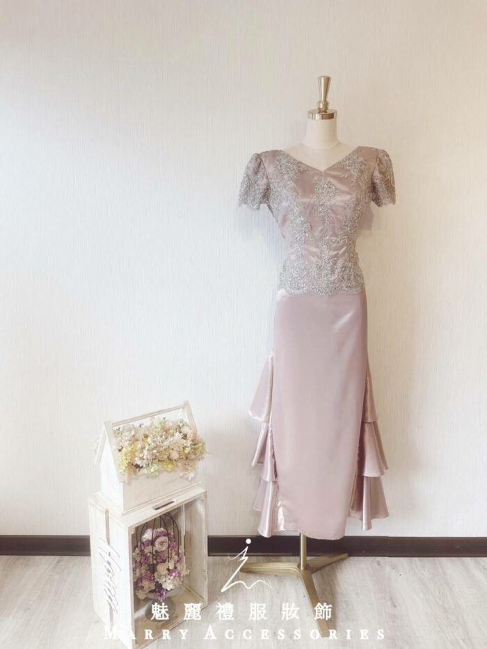 金色緞料刺繡蕾絲晚宴媽媽禮服