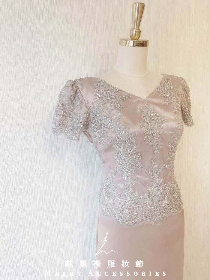 金色緞料刺繡蕾絲晚宴媽媽禮服