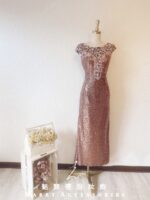 金色亮片胸口刺繡蕾絲修身晚宴媽媽禮服