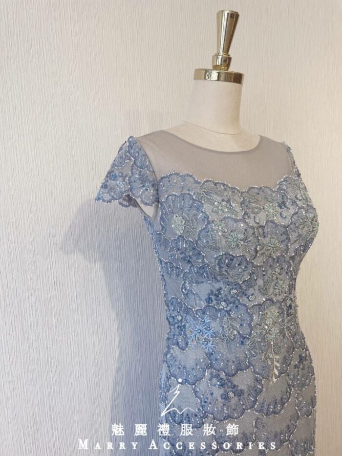 嬰兒藍氣質小包袖晚宴媽媽禮服