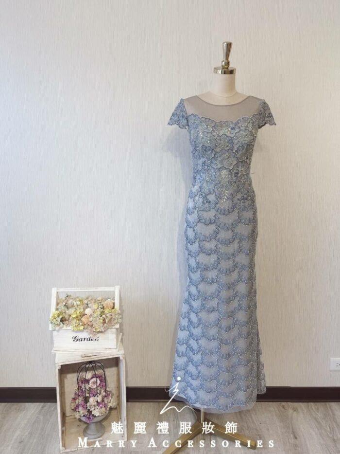 嬰兒藍氣質小包袖晚宴媽媽禮服