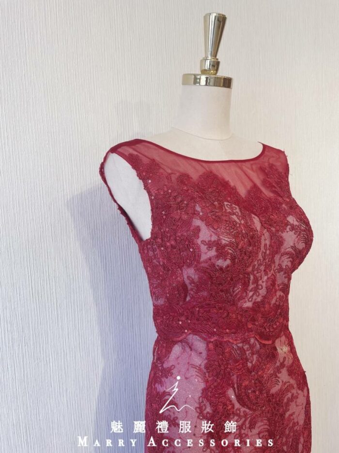 酒紅色刺繡蕾絲晚宴媽媽禮服