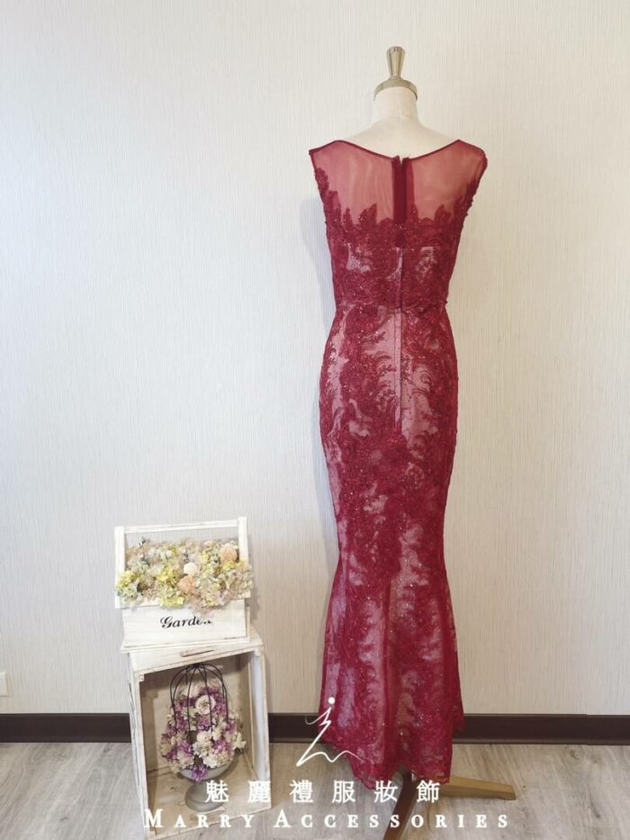 酒紅色刺繡蕾絲晚宴媽媽禮服