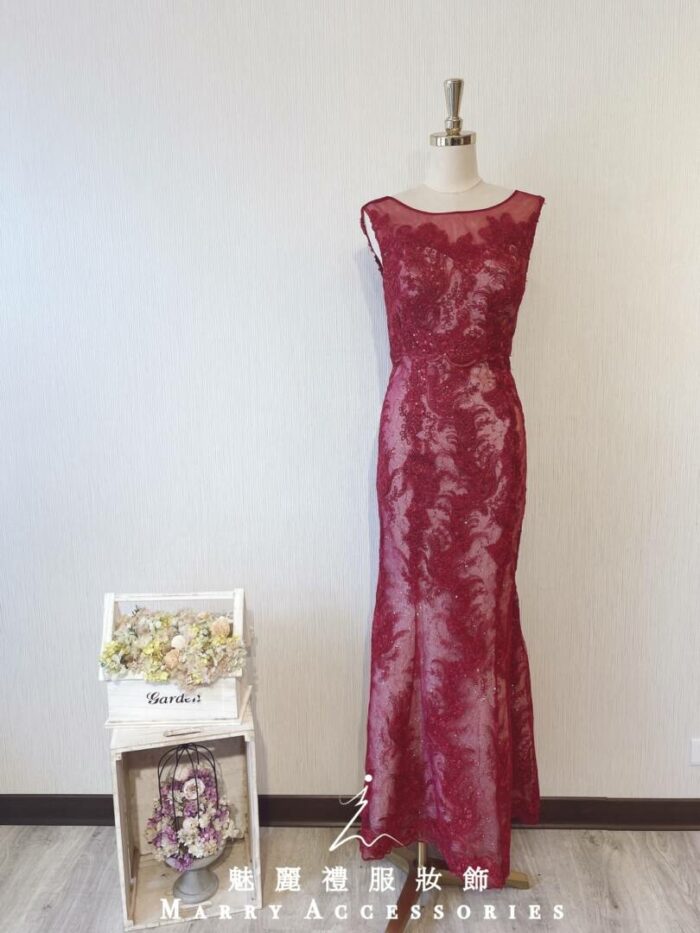 酒紅色刺繡蕾絲晚宴媽媽禮服