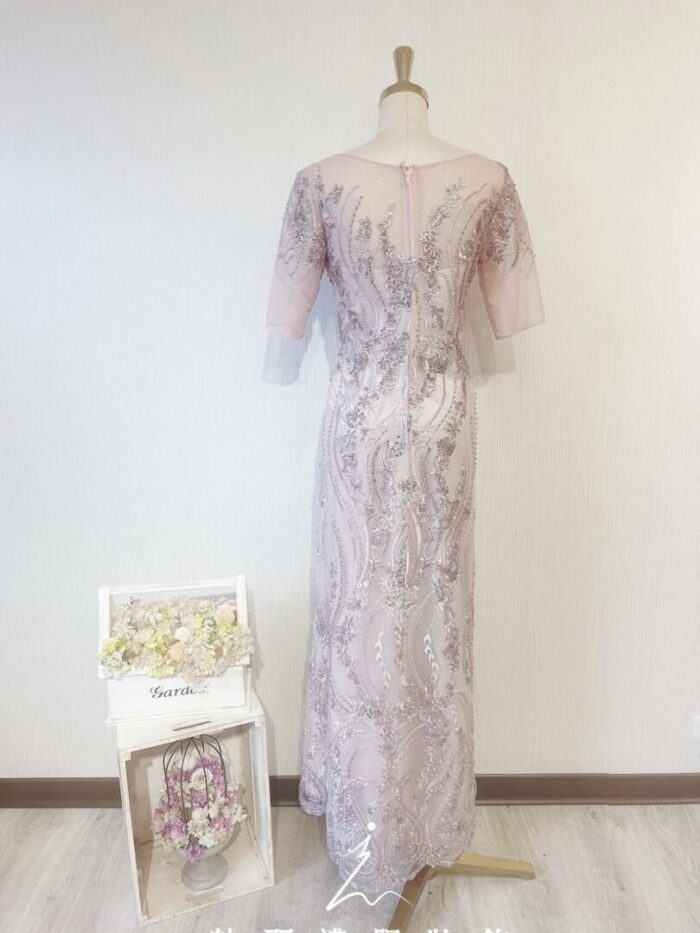 紫粉色短袖水晶系晚宴媽媽禮服