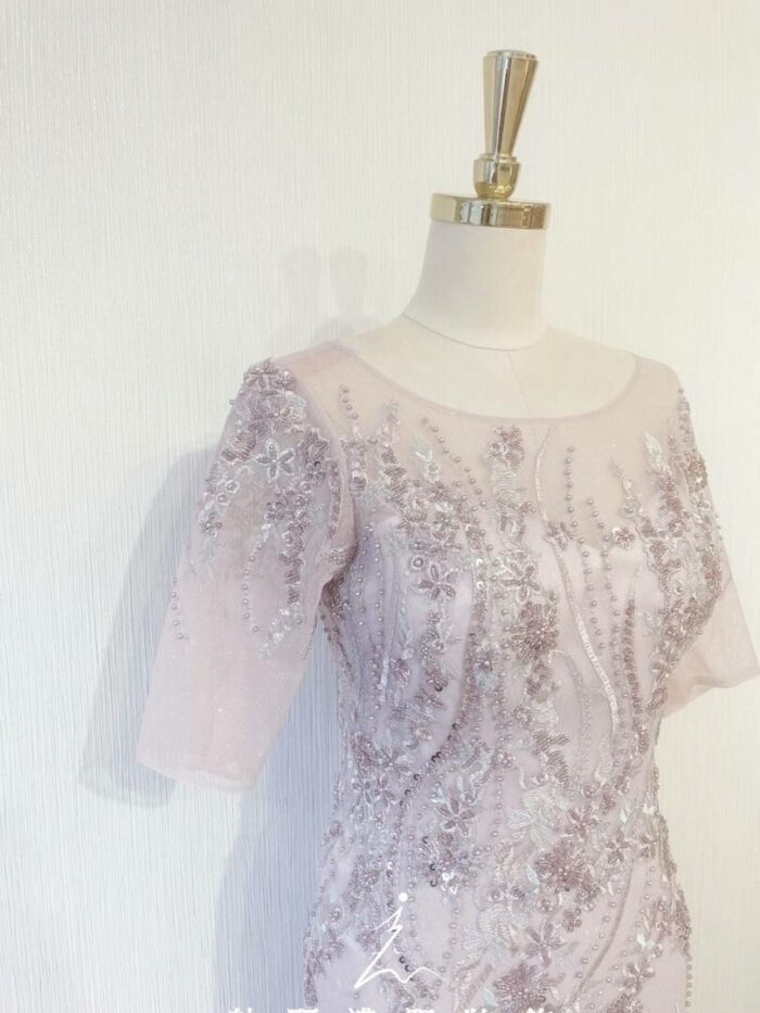 紫粉色短袖水晶系晚宴媽媽禮服