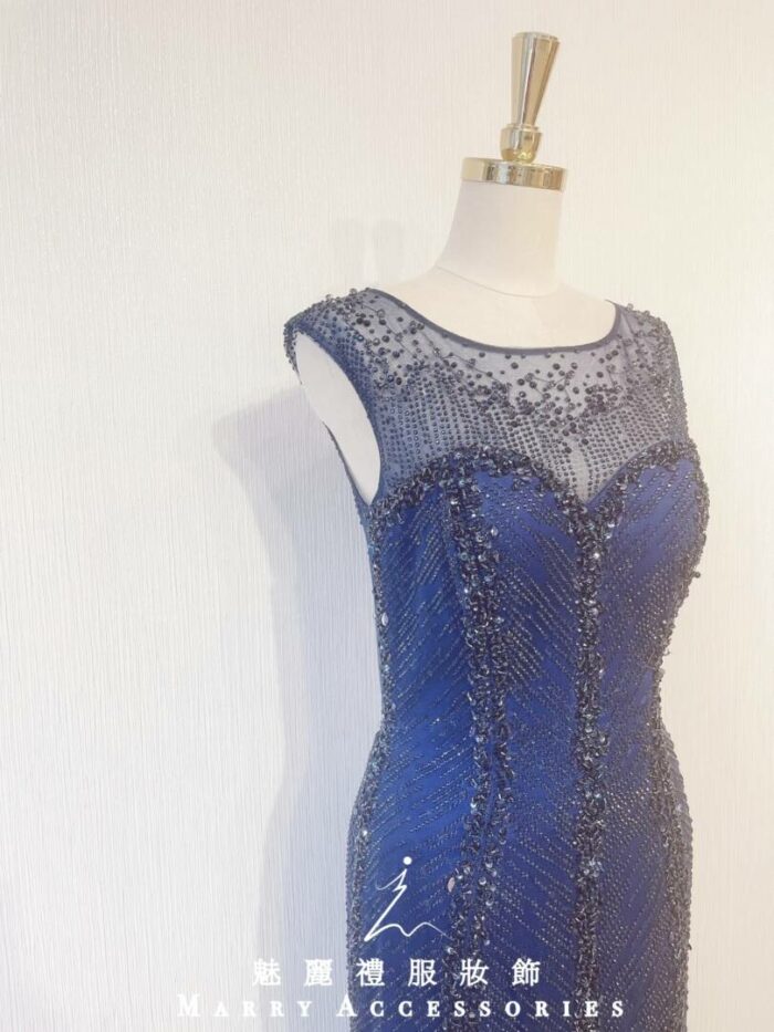 深藍色魚尾小拖襬美背晚宴媽媽禮服