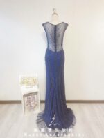 深藍色魚尾小拖襬美背晚宴媽媽禮服