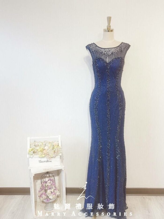 深藍色魚尾小拖襬美背晚宴媽媽禮服