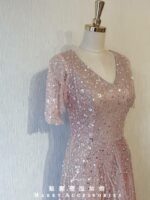 粉櫻色水晶系水袖晚宴媽媽禮服