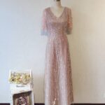 粉櫻色水晶系水袖晚宴媽媽禮服