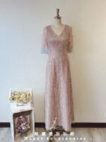 粉櫻色水晶系水袖晚宴媽媽禮服