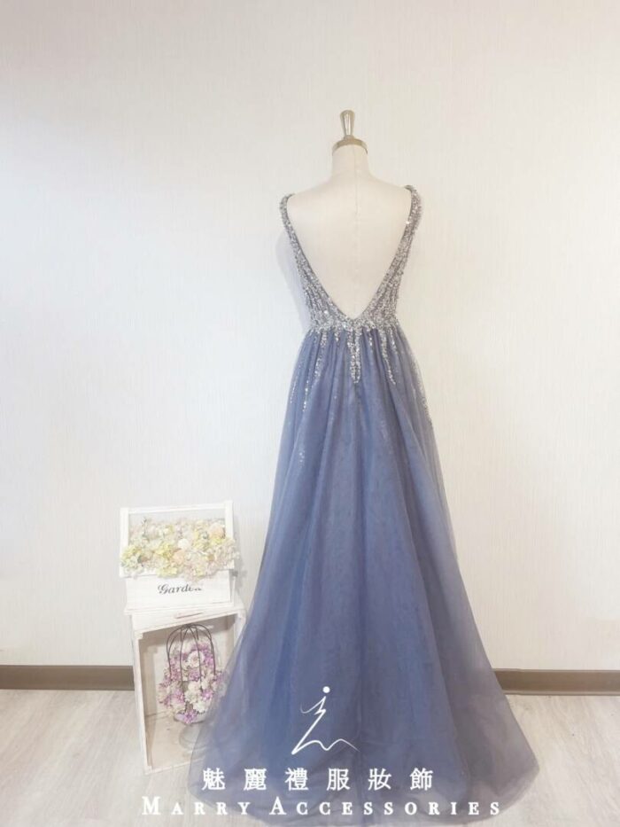 灰藍色水晶系美背晚宴媽媽禮服