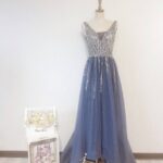 灰藍色水晶系美背晚宴媽媽禮服
