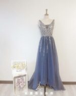 灰藍色水晶系美背晚宴媽媽禮服