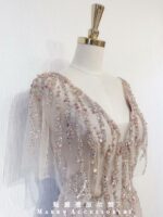 香檳金雙肩V領水晶系晚宴媽媽禮服