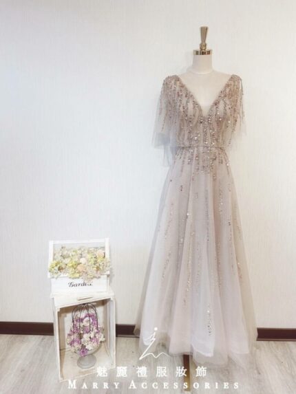 香檳金雙肩V領水晶系晚宴媽媽禮服