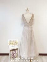 香檳金雙肩V領水晶系晚宴媽媽禮服