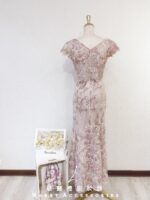 藕粉色刺繡蕾絲氣質晚宴媽媽禮服