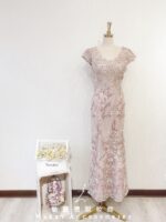 藕粉色刺繡蕾絲氣質晚宴媽媽禮服