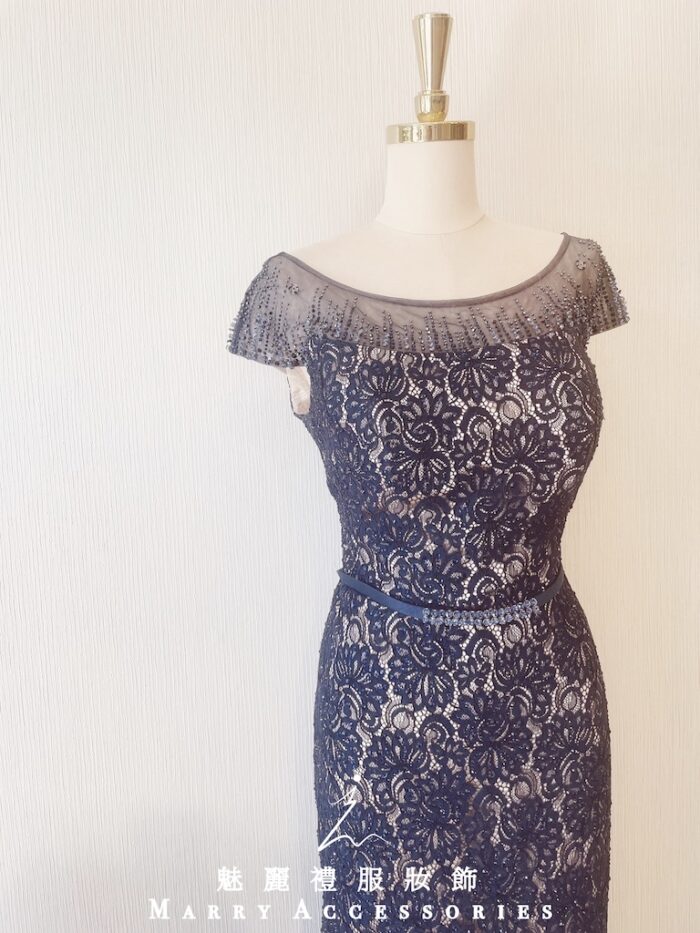 深藍色水晶系蕾絲晚宴媽媽禮服