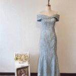 天空藍卡肩性感修身魚尾媽媽禮服