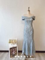 天空藍卡肩性感修身魚尾媽媽禮服