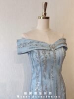 天空藍卡肩性感修身魚尾媽媽禮服