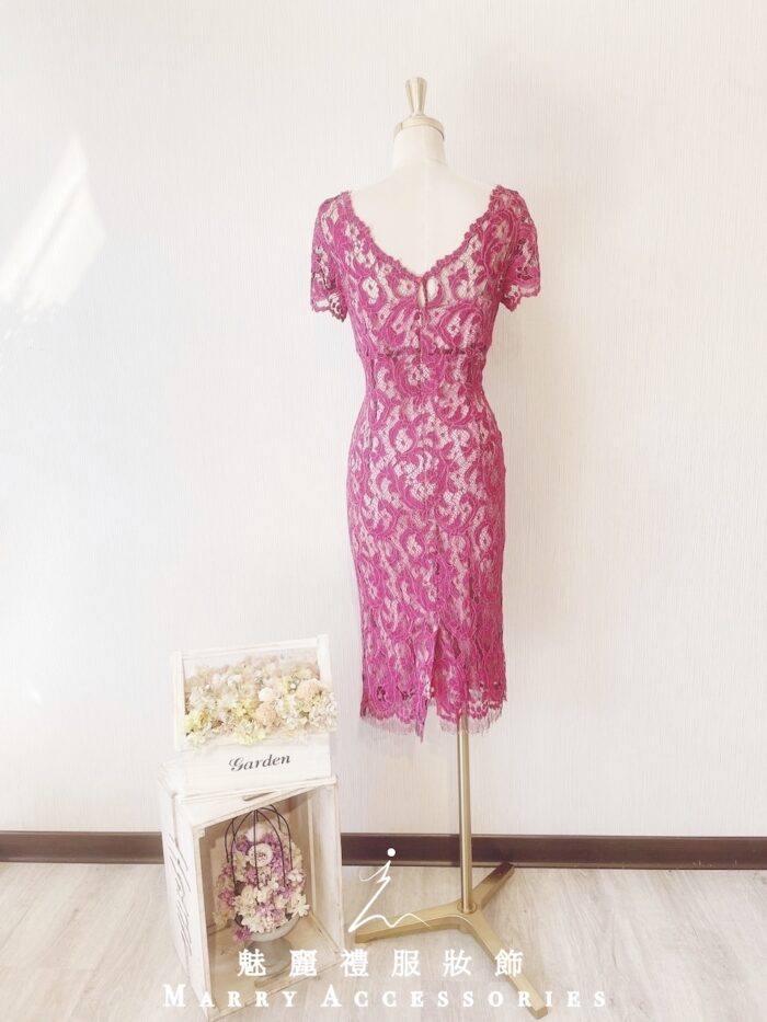 莓紅色氣質蕾絲短裙晚宴媽媽禮服