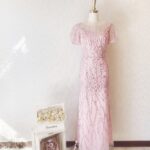 粉金色小包袖刺繡亮片晚宴媽媽禮服