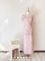 粉金色小包袖刺繡亮片晚宴媽媽禮服