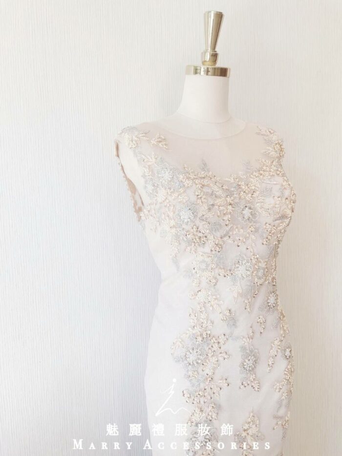 金色小魚尾刺繡蕾絲晚宴媽媽禮服