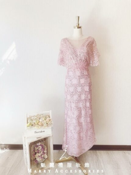 粉金色日系刺繡亮片晚宴媽媽禮服