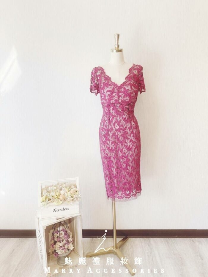 莓紅色氣質蕾絲短裙晚宴媽媽禮服