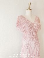 粉金色雙肩V領水袖晚宴媽媽禮服