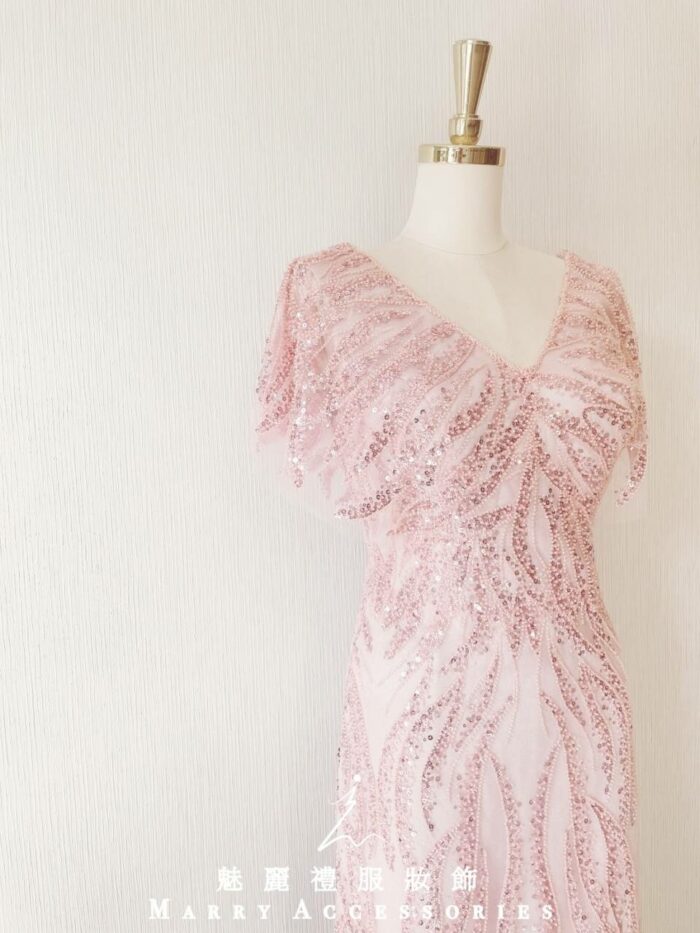 粉金色雙肩V領水袖晚宴媽媽禮服