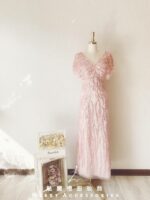 粉金色雙肩V領水袖晚宴媽媽禮服