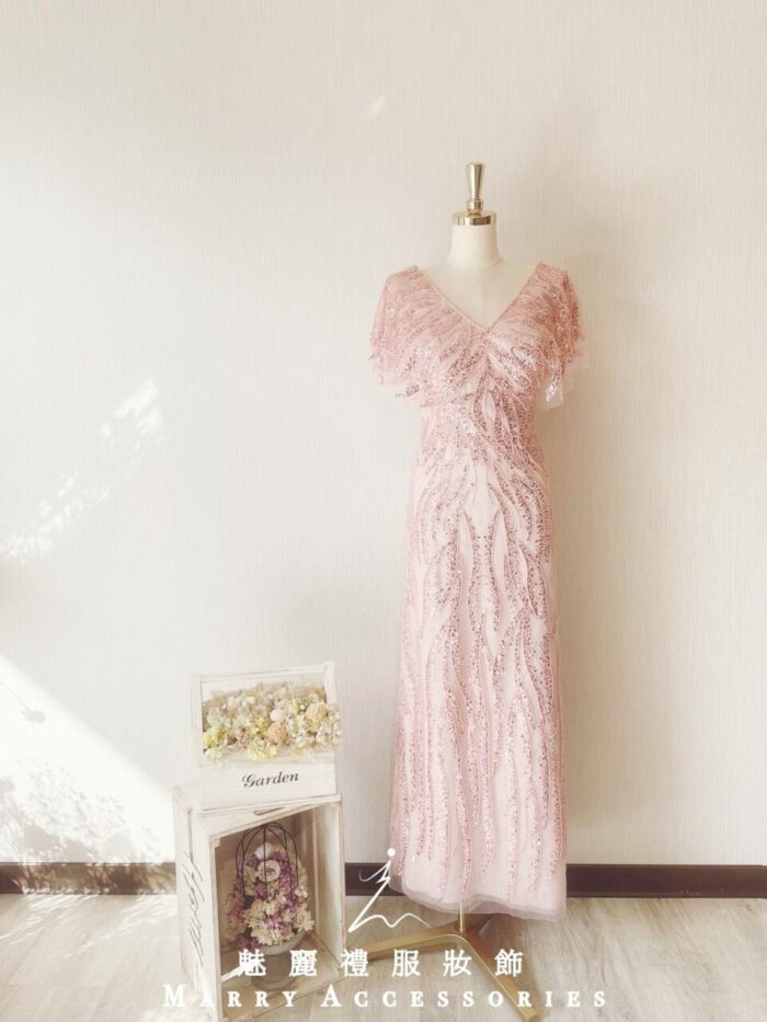 粉金色雙肩V領水袖晚宴媽媽禮服