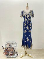 藏藍滿版金花亮片V領媽媽禮服
