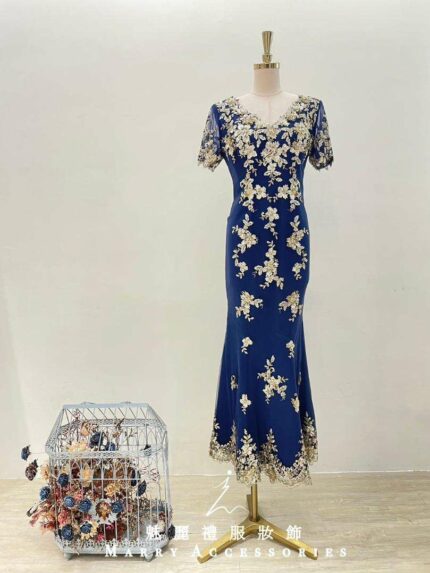 藏藍滿版金花亮片V領媽媽禮服