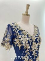 藏藍滿版金花亮片V領媽媽禮服