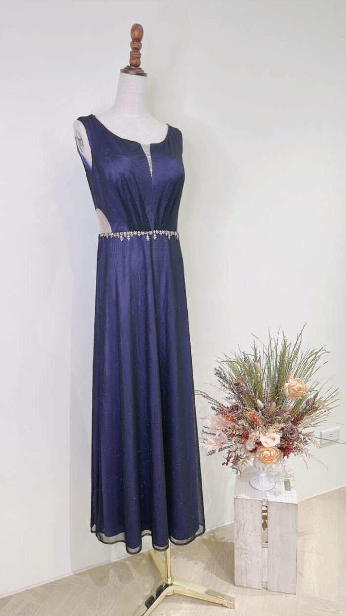 藍紫色雙肩Ｖ領晚宴媽媽禮服