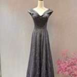 鐵灰綁帶澎裙卡肩媽媽禮服