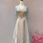 銀灰滿鑽V領澎裙媽媽禮服